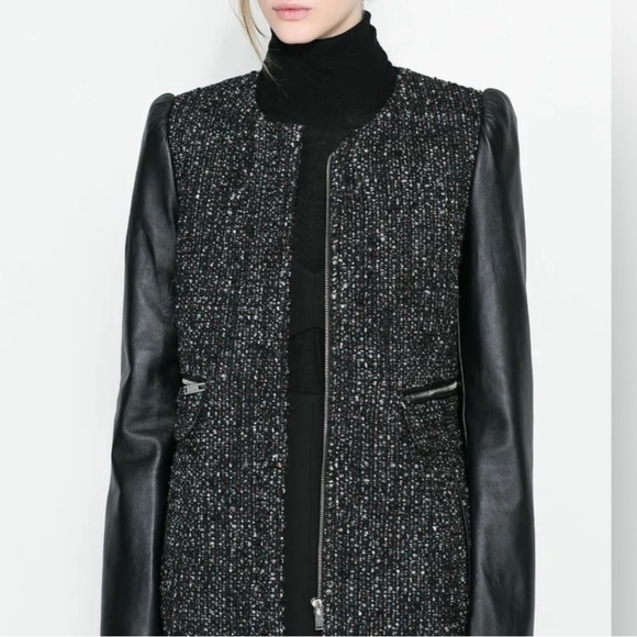 Zara Woman Jacket Size Small Black Boucle Tweed Leather Sleeve - Picture 12 of 12
